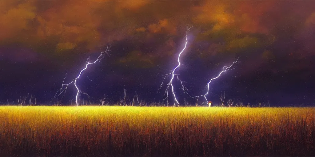 Image similar to lightning strikes a tree in the middle of a field, painting By Alena Aenami,