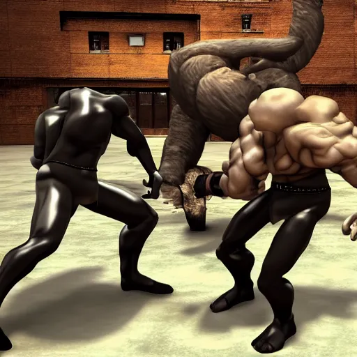 Prompt: men in black fighting a giant minotaur, poser render fighting game