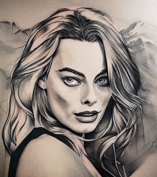 Image similar to tattoo design sketch of margot robbie and beautiful mountain scenery mash up, in the style of lesha lauz, surrealist, amazing detail, sharp