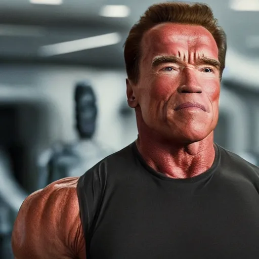 Image similar to arnold schwarzenegger starring in the new movie called cheese robot, 8 k, movie still