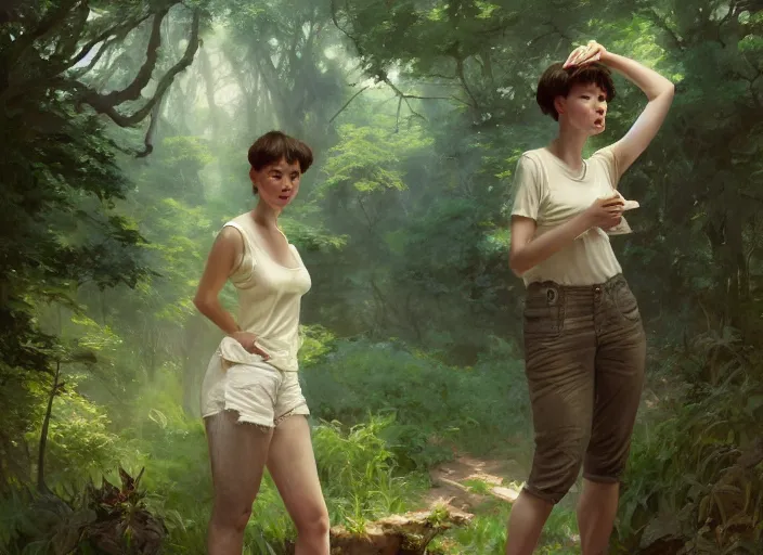 Image similar to a full body portrait of a woman wearing jorts and a tshirt, fantasy forest landscape at day, rule of thirds, digital painting by sargent and leyendecker, fantasy, medium shot, intricate, matte painting, verdant gradient, dynamic lighting, detailed, by greg rutkowski and greg tocchini and james gilleard and joe fenton and greg manchess