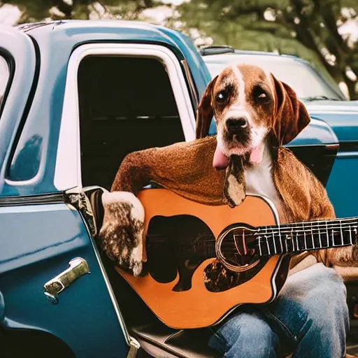 Image similar to A folkpunk brown floppy-eared hound dog playing the guitar in front of a pickup truck