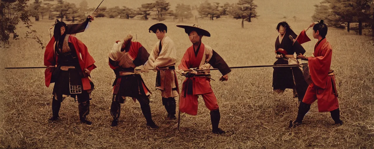 Image similar to 1 8 0 0 s japanese samurai cutting through spaghetti, rural, in the style of diane arbus, canon 5 0 mm, wes anderson, kodachrome, retro