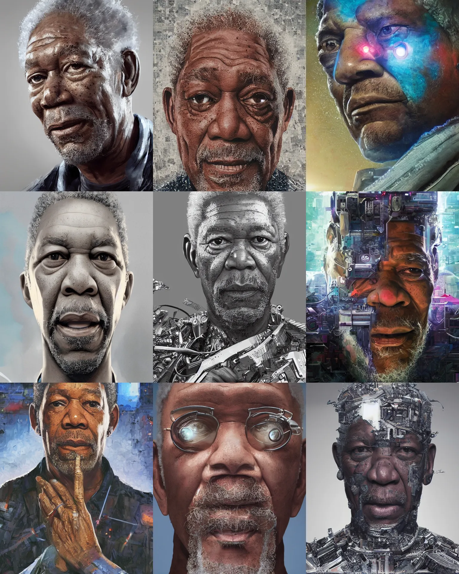 Prompt: portrait of Morgan Freeman as a cyborg. intricate abstract. intricate artwork. by Tooth Wu, wlop, beeple, dan mumford. octane render, trending on artstation, greg rutkowski very coherent symmetrical artwork. cinematic, hyper realism, high detail, octane render, 8k, iridescent accents