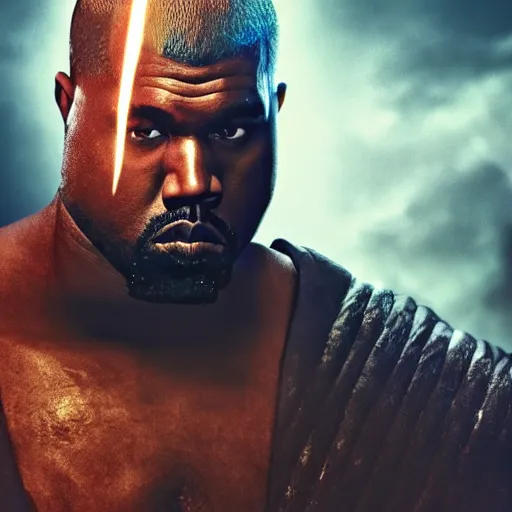 Prompt: portrait of kanye west as zeus, god of thunder, greek god, in mortal kombat, gears of war, mythology, fantasy, splash art, movie still, cinematic lighting, dramatic, octane render, long lens, shallow depth of field, bokeh, anamorphic lens flare, 8 k, hyper detailed, 3 5 mm film grain