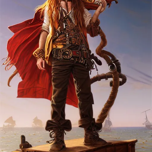 Image similar to rugged playful pirate, 3 0 years old, male, handsome, masculine, red hair, long hair, soft hair, fantasy, intricate, elegant, highly detailed, steampunk, airship, digital painting, artstation, concept art, character art, smooth, sharp focus, illustration, art by artgerm and greg rutkowski and alphonse mucha