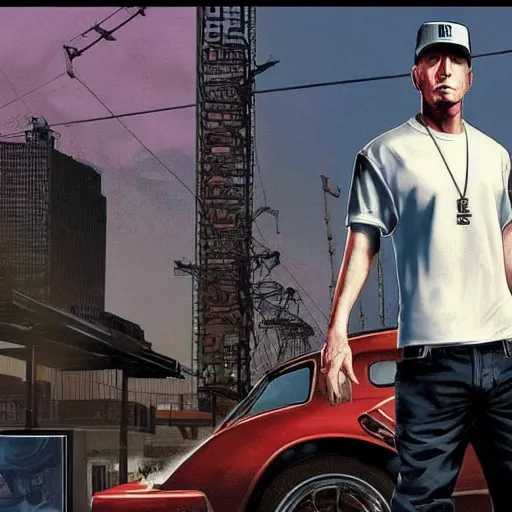 Image similar to eminem in gta v, cover art by stephen bliss, loading screen, box art