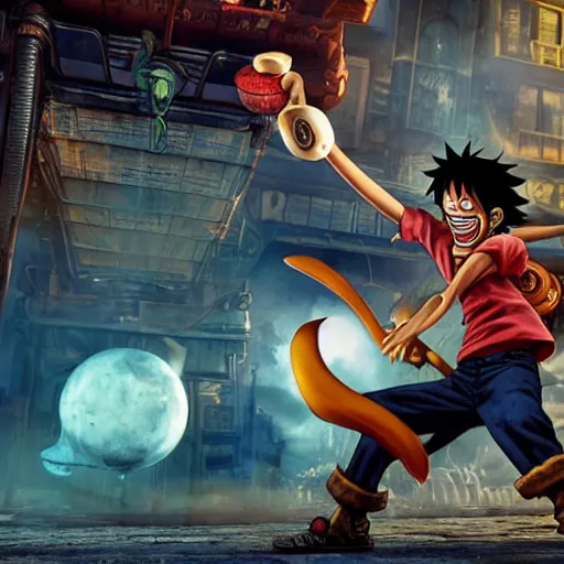 Image similar to monkey d luffy fighting an alien in a steampunk city, night, realism, 4 k, octane render, award winning photograph, epic cinematic shot, perfectly defined features, ambient occlusion