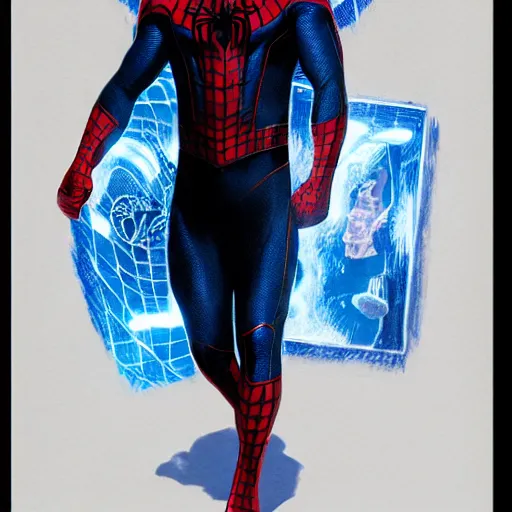 Image similar to ryan reynolds as spider - man, wearing a black and blue suit, cinematic, volumetric lighting, f 8 aperture, cinematic eastman 5 3 8 4 film, photorealistic by greg rutkowski, by stanley artgerm, by alphonse mucha