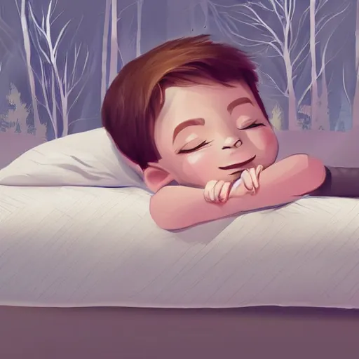 Prompt: a beautiful illustration of a little cute boy on his bed dreaming about a beautiful forest, detailed face, beautiful colors, digital art