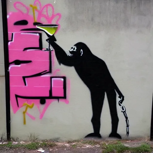 Image similar to Graffiti by Banksy of an ape in a suit drinking champagne