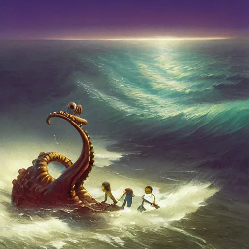 Prompt: an enormous eldritch sea monster peaking it's gigantic head out of the ocean in front of a tiny lifeboat with two children. detailed. photo realistic. john charles dollman. rhads. tianhua xu.