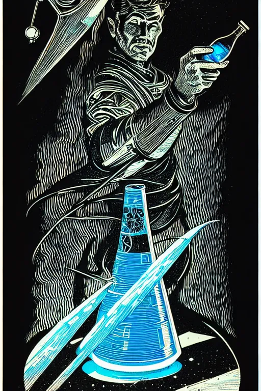 Prompt: wizard holding magic potion, high details, intricately detailed, by vincent di fate, inking, 3 color screen print, masterpiece, trending on artstation, sharp, details, hyper - detailed, hd, 4 k, 8 k