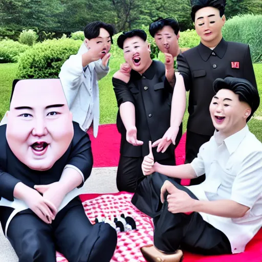 Prompt: screaming kim jong un doll having a lovely picnic with bts boy band