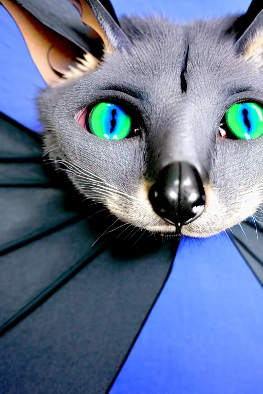 Image similar to a blue - and - black male catbat fursona with blue / green heterochromatic eyes ( differently - colored eyes, one green, one blue ) and huge bat ears, photo of the catbat streaming on his computer