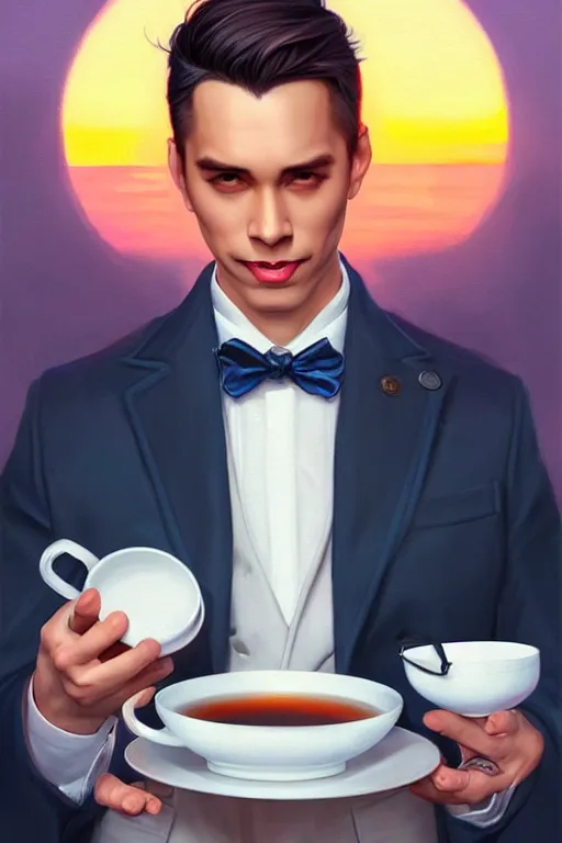 Prompt: attractive man drinking tea, sunset, painting by ross tran, j. c. leyendecker, tom of finland, trending on artstation