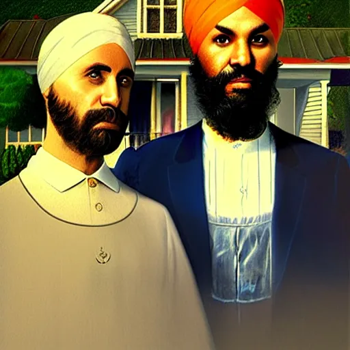 Image similar to Justin Trudeau and Jagmeet Singh in the american gothic painting, concept art, sharp focus, highly detailed digital painting by Grant Wood, artstation