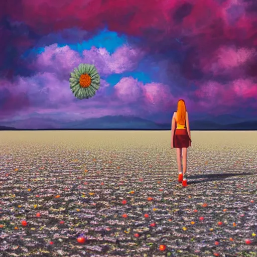 Image similar to giant daisy flower head, girl walking on salt flats mountains, surreal photography, sunrise, dramatic light, impressionist painting, colorful clouds, digital painting, artstation, simon stalenhag