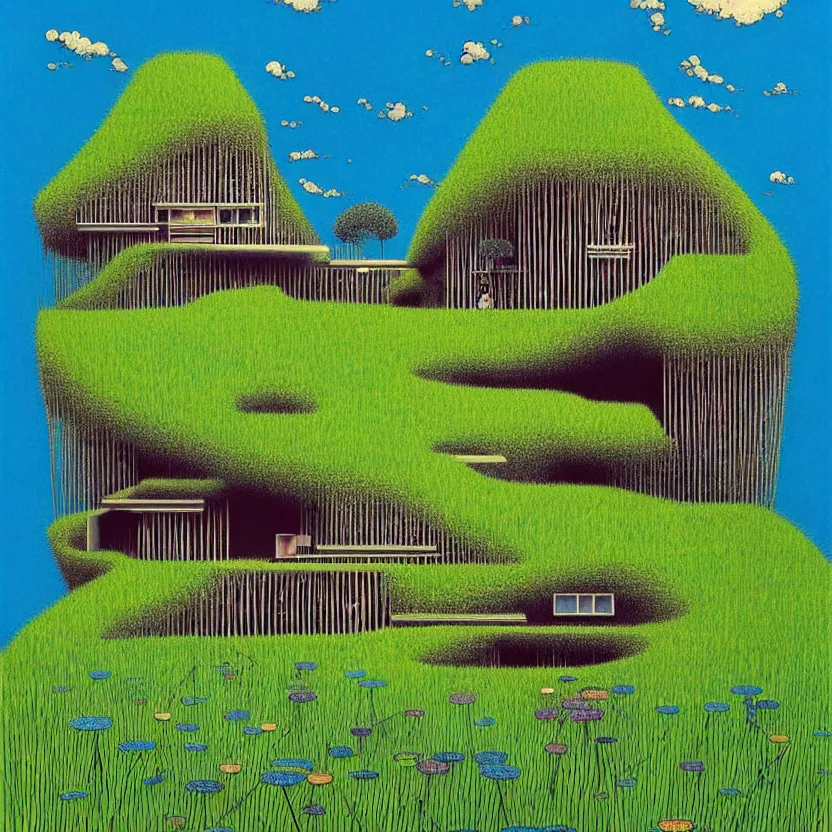 Image similar to surreal glimpse into other universe, a house by kengo kuma on an island, summer morning, very coherent and colorful high contrast, art by!!!! gediminas pranckevicius!!!!, geof darrow, floralpunk screen printing woodblock, dark shadows, hard lighting, stipple brush technique,