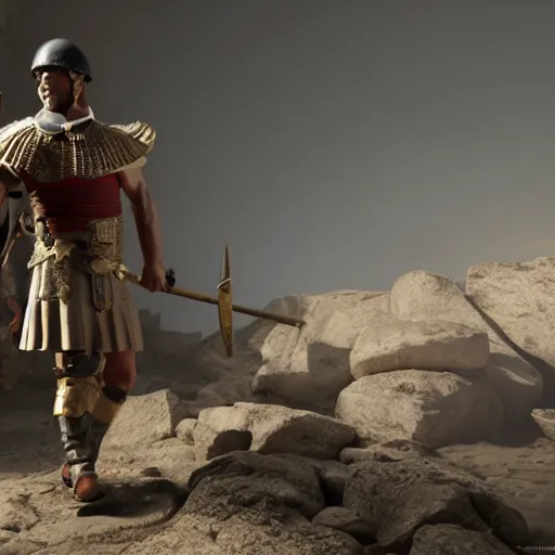 Prompt: a roman solider going into battle with a face that is angry and one that of breavey, 4 k, unreal engine 6, very detailed, high quality, painting,