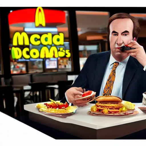 Image similar to saul goodman eating at mcdonald's, realistic, ultra high detail, 8 k.