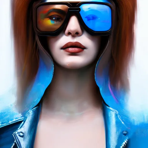 Image similar to closeup painting of a very beautiful young mexican cyberpunk woman smirking, wearing light blue shutter shades and a leather jacket, one side haircut, long brown hair with light blue ends, portrait, hyperdetailed, artstation, cgsociety, 8 k