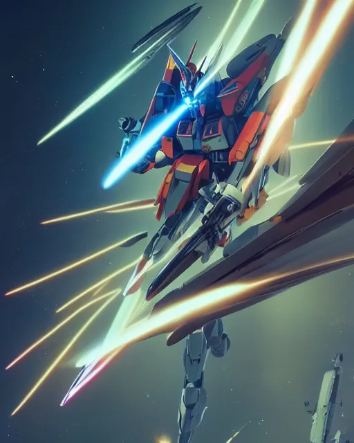 Image similar to highly detailed vfx portrait of a gundam wing with wings of feathers beam saber fighting in space with a beam gun, unreal engine, greg rutkowski, loish, rhads, beeple, makoto shinkai and lois van baarle, ilya kuvshinov, rossdraws, tom bagshaw, alphonse mucha, global illumination, detailed and intricate environment