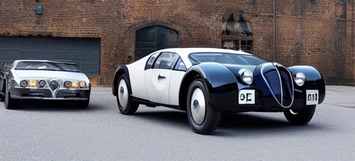 Image similar to a single bugatti type 5 7 sc atlantic and delorean hybrid, dslr, volumetric lighting