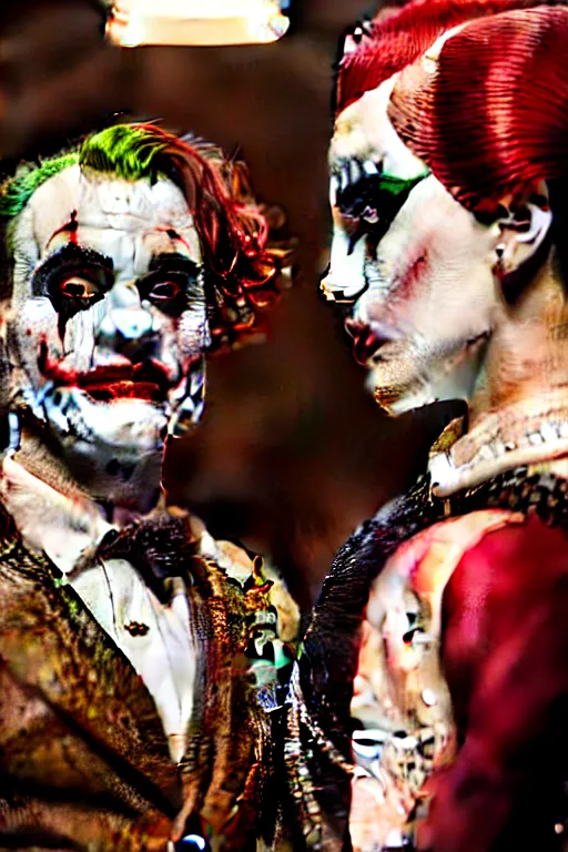 Image similar to joaquin phoenix joker with harley queen lady gaga, photorealistic, smooth, 4 k, aesthetic lighting, baroque object, sharp focus, hyperdetailed, professional photography, pullitzer winning, 8 0 0 photo by : canon eos 5 d mark iv, by karah mew and adnan abidi and jodie bateman