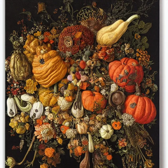 Image similar to victorian thanksgiving feast, flowers and gourds, black background, vanitas, still life by giuseppe arcimboldo, intricate high detail masterpiece