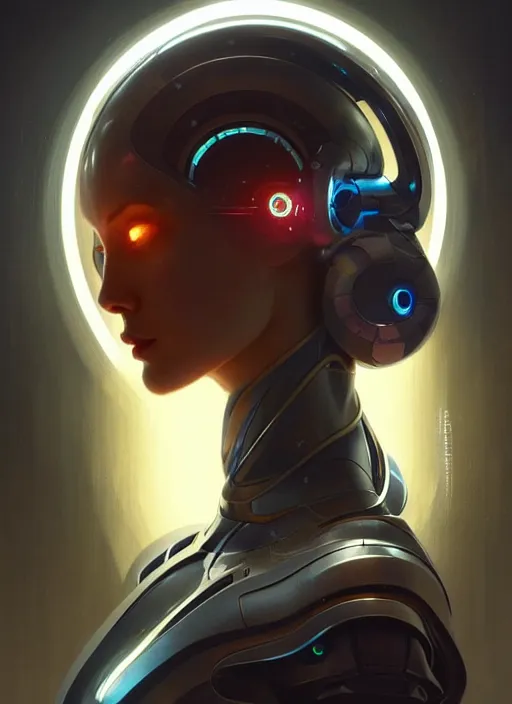 Image similar to profile! portrait of robot, sci - fi, tech wear, glowing lights!! intricate, elegant, highly detailed, digital painting, artstation, concept art, smooth, sharp focus, illustration, art by artgerm and greg rutkowski and alphonse mucha