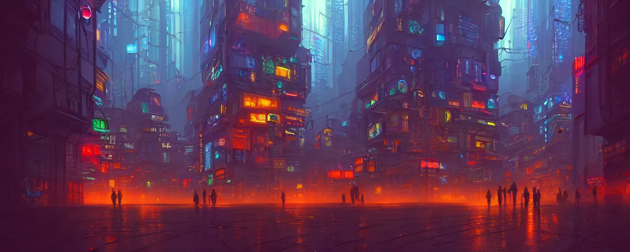 Image similar to A cyberpunk cityscape, by Evgeny Lushpin, dramatic lighting, high contrast colors, panoramic view, as trending on Artstation, highly detailed,