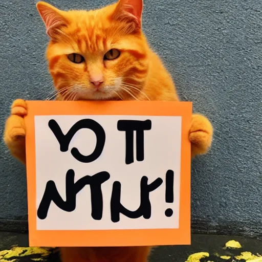 Prompt: a cute fluffy orange tabby cat holding a sign that says