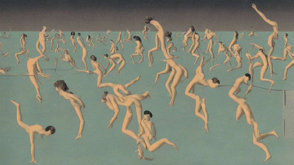 Image similar to A vintage scientific illustration from the 1970s of humans in a line endlessly jumping into a lake by René Magritte