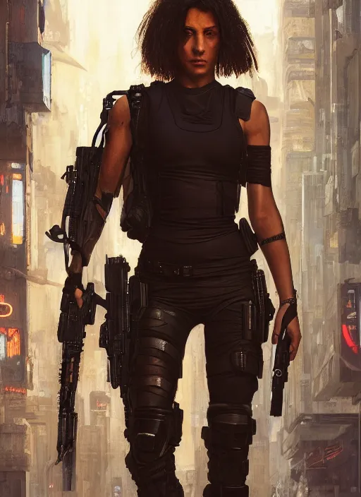 Image similar to 🤸🏿♀. cyberpunk mercenary in a military vest ( blade runner 2 0 4 9, cyberpunk 2 0 7 7 ). orientalist portrait by john william waterhouse and james gurney and theodore ralli and nasreddine dinet, oil on canvas. cinematic, hyper realism, realistic proportions, dramatic lighting, high detail 4 k