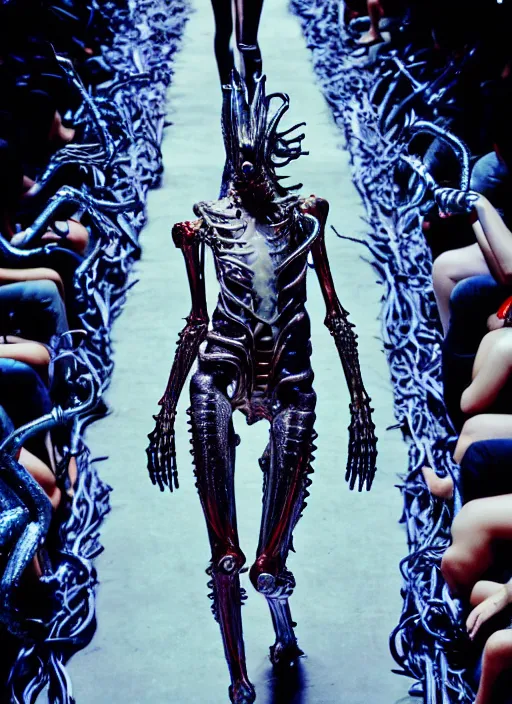 Image similar to walking down the catwalk, ben watts, show, stage, vogue photo, podium, fashion show photo, iris van herpen, beautiful woman, full body shot, helmet on face, masterpiece, plant predator, giger, guyver, jellyfish, biomechanical details, movie still, fauvism, cinestill, bokeh, gelios lens