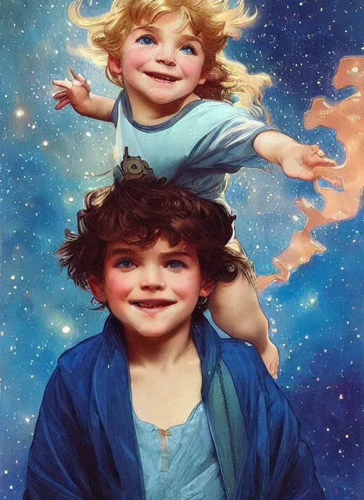 Image similar to a cute little boy with a mischievous face, blue eyes, and tousled blonde hair smiles as he floats in space with stars all around him. he is wearing a turquoise outfit. beautiful painting by artgerm and greg rutkowski and alphonse mucha