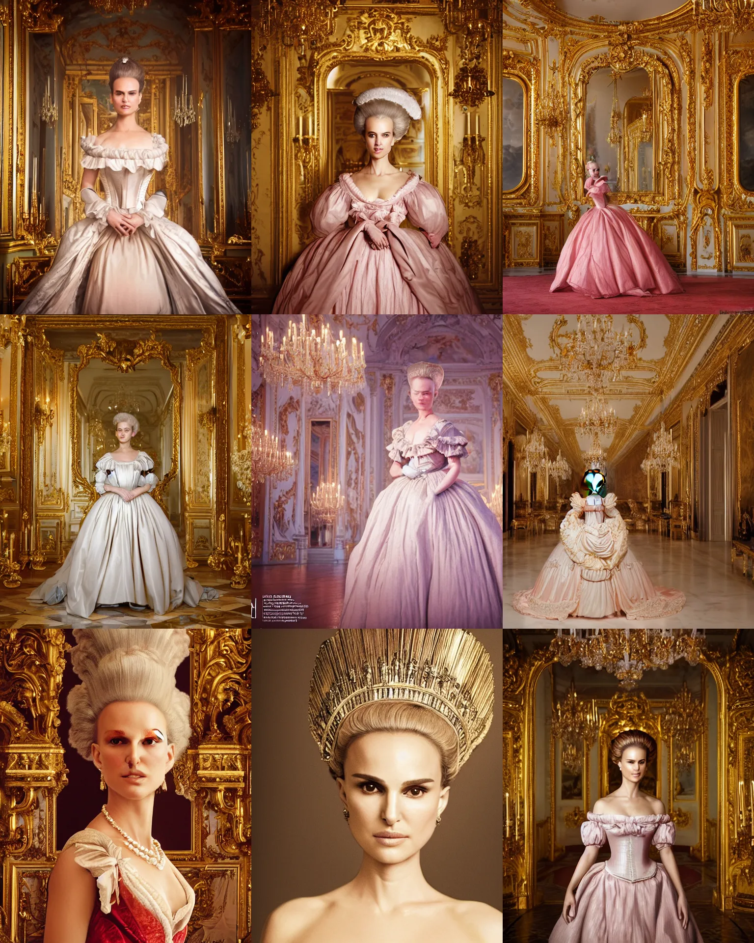 Prompt: Natalie Portman as Marie Antoinette in hall of mirrors in versailles, golden hour, clear makeup, clean hair, dry skin, clear skin, airbrushed, bright eye makeup, warrior body, photo by mario testino, 8k octane render, cinematic, hyper detailed, micro details, insanely detailed, trending on artstation, concept art