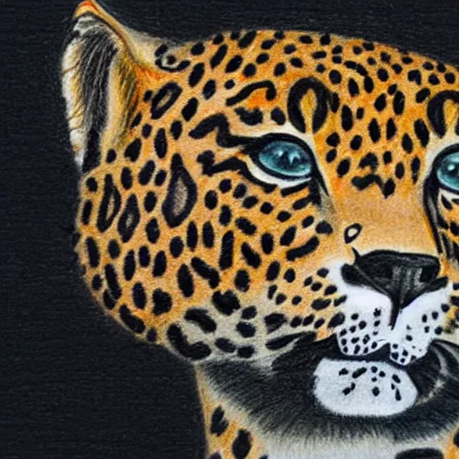 Image similar to colored pencil drawing of a happy leopard