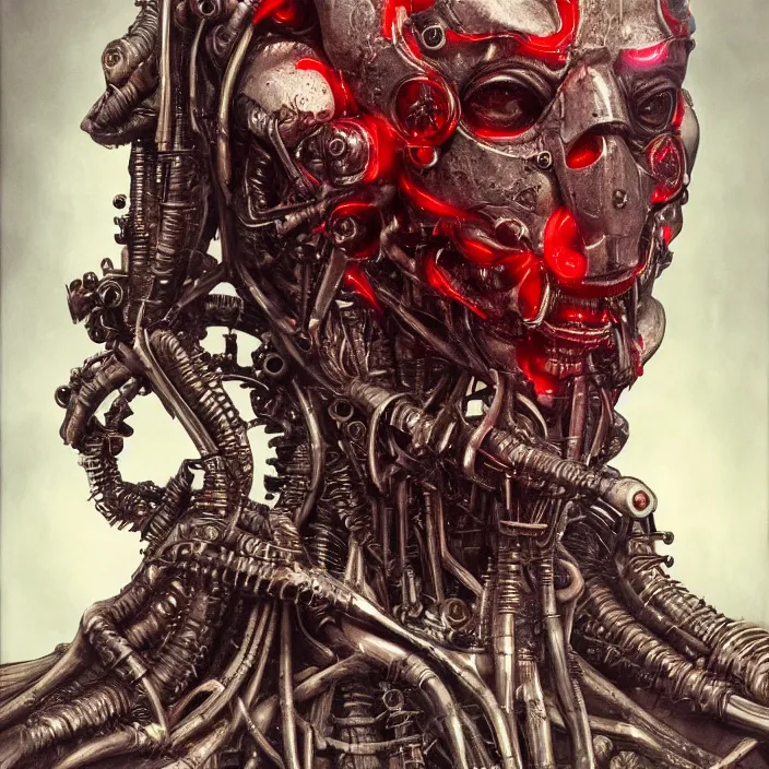 Prompt: h. r. giger esque portrait of an evil ruby ultron from age of ultron, clockwork steampunk, mangled, battle - damage, head and chest only, by beksinski, 4 k, deviantart, trending on artstation