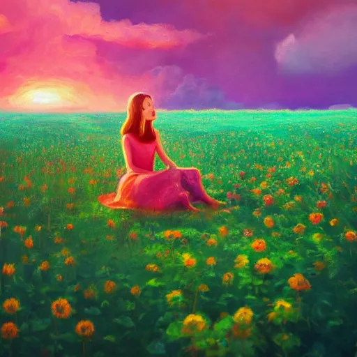 Image similar to giant rose flower as a head, full body girl sitting in a flower field, surreal photography, sunrise, dramatic light, impressionist painting, colorful clouds, digital painting, artstation, simon stalenhag