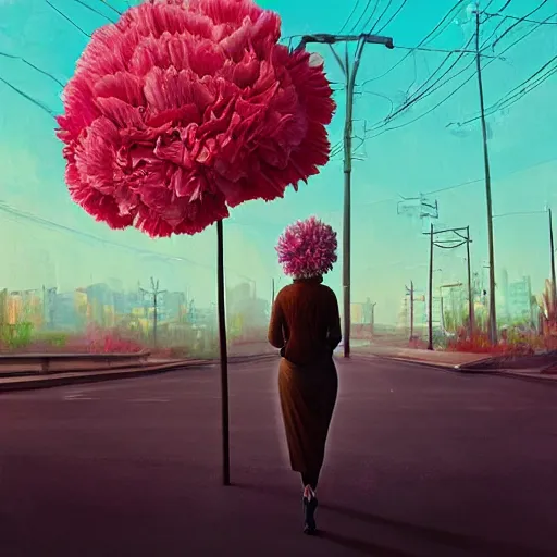 Prompt: giant carnation flower head, woman walking in a modern city, surreal photography, dramatic light, impressionist painting, digital painting, artstation, simon stalenhag