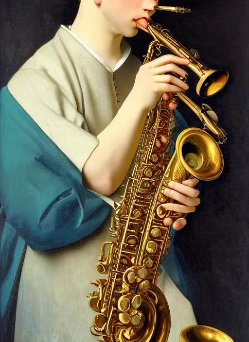 Image similar to Beautiful half body portrait of a young blond man playing sax wide view, intricate, elegant, digital painting, ilustratiom, artwork by Vermeer and alphonse mucha, serene funky fractal soft background