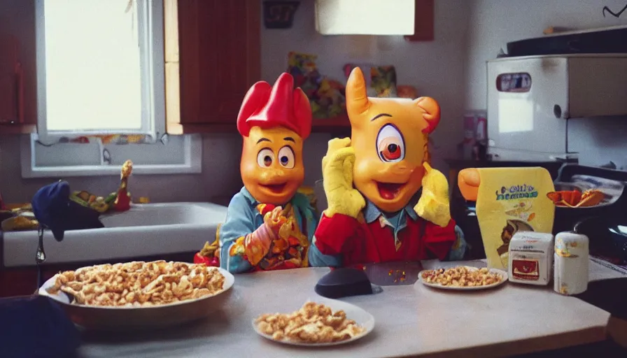 Image similar to 1 9 9 0 s candid 3 5 mm photo of a beautiful day in the family kitchen, cinematic lighting, cinematic look, golden hour, an absurd costumed mascot from the jimbles the super pony show is eating all of the kids cereal, the kids are hungry and the mascot is eating all of their food, uhd