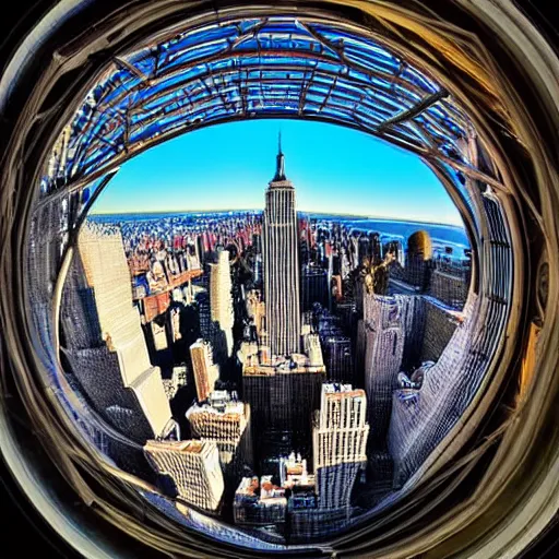 Prompt: new york city, photo taken through a fish eye lens