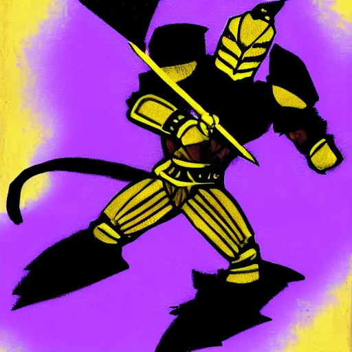 Image similar to black and gold knight fighting purple wildcat, honorable, cinematic, sharp