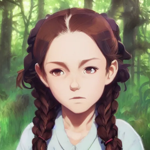 Prompt: portrait of a child with brown wavy pigtails and green eyes, forest background, highly detailed, digital painting, artstation, matte, by makoto shinkai, animation style, studio ghibli, anime key visual