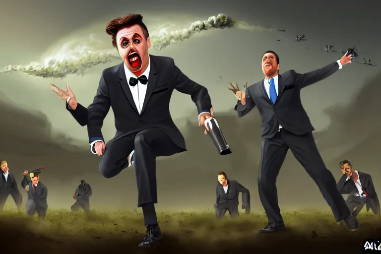 Prompt: Comedian in suit and tie performing in a battle-field with dead bodies on the ground, detailed face, comedian is funny, performing to dead soldiers, nuclear cloud in horizon, apocalypse, trending on artstation, artstationHD