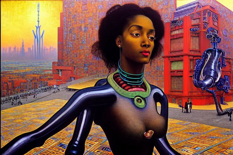 Image similar to realistic extremely detailed closeup portrait painting of a beautiful black woman in a dress with supercomputer robot, city street on background by Jean Delville, Amano, Yves Tanguy, Ilya Repin, Alphonse Mucha, William Holman Hunt, Ernst Haeckel, Edward Robert Hughes, Roger Dean, rich moody colours