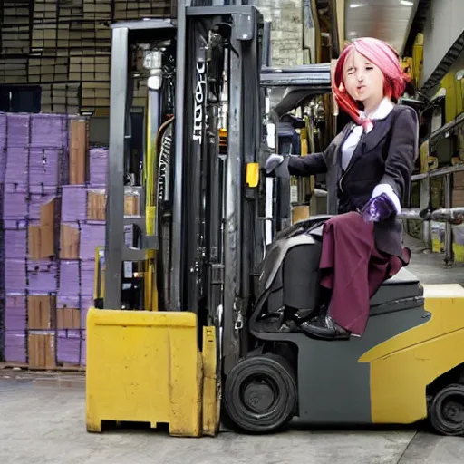 Image similar to a person cosplaying homura akemi operating a forklift